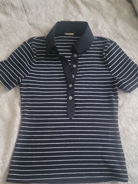 Ellie Tahari Women Navy and White Striped Polo Top